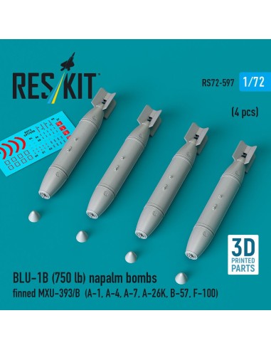 BLU-1B (750lb) napalm bombs finned MXU-393/B (4 pcs) (A-1, A-4, A-7, A-26K, B-57, F-100) (3D Printed) 