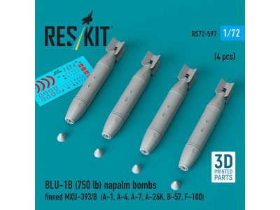BLU-1B (750lb) napalm bombs finned MXU-393/B (4 pcs) (A-1, A-4, A-7, A-26K, B-57, F-100) (3D Printed) 