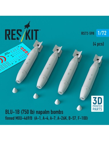 BLU-1B (750lb) napalm bombs finned MXU-469/B (4 pcs) (A-1, A-4, A-7, A-26K, B-57, F-100) (3D Printed) 