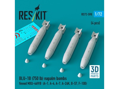 BLU-1B (750lb) napalm bombs finned MXU-469/B (4 pcs) (A-1, A-4, A-7, A-26K, B-57, F-100) (3D Printed) 