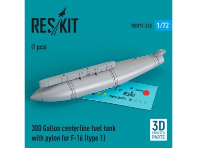 300 Gallon centerline fuel tank with pylon for F-16 (A/B/C/D/E/F/I) (type 1) (1 pcs) (3D Printed) 