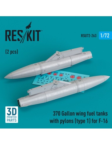 370 Gallon wing fuel tanks with pylons (type 1) for F-16 (A/B/C/D/E/F/I) (2 pcs) (3D Printed) 