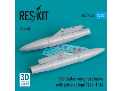 370 Gallon wing fuel tanks with pylons (type 1) for F-16 (A/B/C/D/E/F/I) (2 pcs) (3D Printed) 