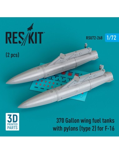 370 Gallon wing fuel tanks with pylons (type 2) for F-16 (A/B/C/D/E/F/I) (2 pcs) (3D Printed) 