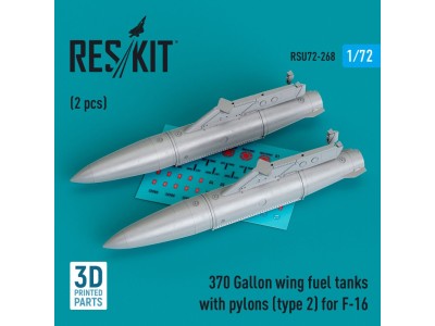 370 Gallon wing fuel tanks with pylons (type 2) for F-16 (A/B/C/D/E/F/I) (2 pcs) (3D Printed) 