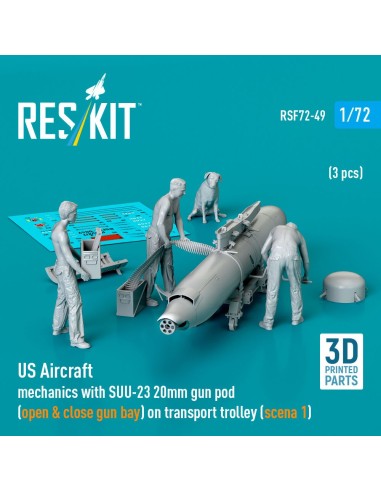 US Aircraft mechanics with SUU-23 20mm gun pod (open & close gun bay) on transport trolley (scene 1) (3 pcs) (3D Printed) 