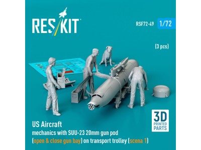 US Aircraft mechanics with SUU-23 20mm gun pod (open & close gun bay) on transport trolley (scene 1) (3 pcs) (3D Printed) 