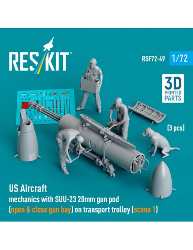 US Aircraft mechanics with SUU-23 20mm gun pod (open & close gun bay) on transport trolley (scene 1) (3 pcs) (3D Printed) 