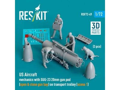 US Aircraft mechanics with SUU-23 20mm gun pod (open & close gun bay) on transport trolley (scene 1) (3 pcs) (3D Printed) 