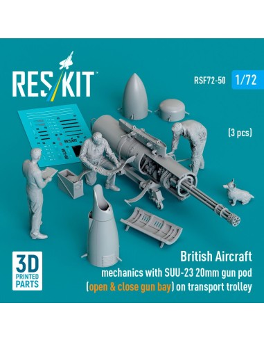 British Aircraft mechanics with SUU-23 20mm gun pod (open & close gun bay) on transport trolley (scene 1) (3 pcs) (3D Printed) 