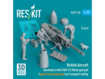British Aircraft mechanics with SUU-23 20mm gun pod (open & close gun bay) on transport trolley (scene 1) (3 pcs) (3D Printed) 