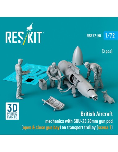 British Aircraft mechanics with SUU-23 20mm gun pod (open & close gun bay) on transport trolley (scene 1) (3 pcs) (3D Printed) 