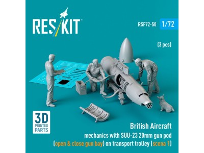 British Aircraft mechanics with SUU-23 20mm gun pod (open & close gun bay) on transport trolley (scene 1) (3 pcs) (3D Printed) 