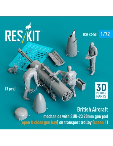 British Aircraft mechanics with SUU-23 20mm gun pod (open & close gun bay) on transport trolley (scene 1) (3 pcs) (3D Printed) 