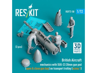 British Aircraft mechanics with SUU-23 20mm gun pod (open & close gun bay) on transport trolley (scene 1) (3 pcs) (3D Printed) 