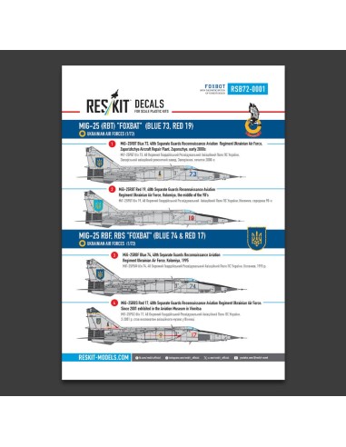 MiG-25RBT, RBF, RBS Foxbat (Blue 73, Blue 74, Red 17, Red 19) Ukrainian Air Forces (Decals with Stencils) 