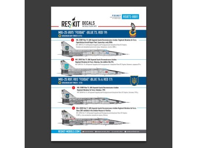 MiG-25RBT, RBF, RBS Foxbat (Blue 73, Blue 74, Red 17, Red 19) Ukrainian Air Forces (Decals with Stencils) 