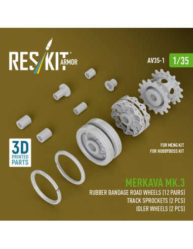 Merkava Mk.3 rubber bandage road wheels (12 pairs), track sprockets (2 pcs), idler wheels (2 pcs) for Meng/HobbyBoss kit (3D Pri