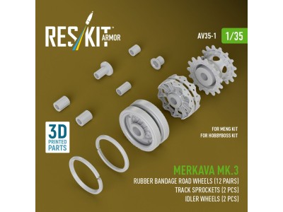 Merkava Mk.3 rubber bandage road wheels (12 pairs), track sprockets (2 pcs), idler wheels (2 pcs) for Meng/HobbyBoss kit (3D Pri