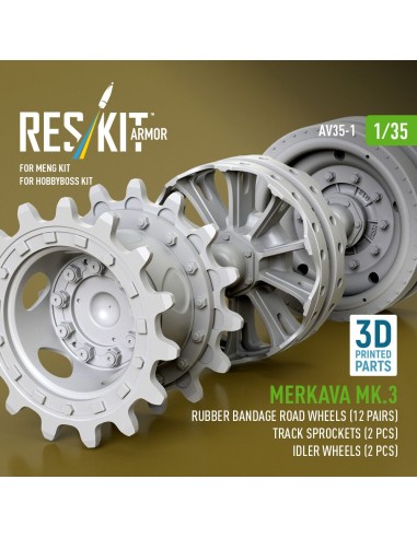 Merkava Mk.3 rubber bandage road wheels (12 pairs), track sprockets (2 pcs), idler wheels (2 pcs) for Meng/HobbyBoss kit (3D Pri