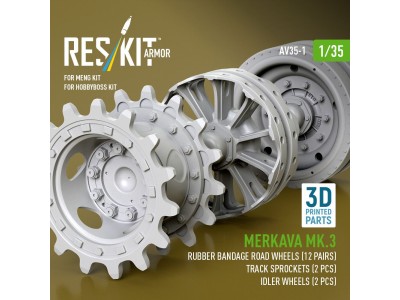 Merkava Mk.3 rubber bandage road wheels (12 pairs), track sprockets (2 pcs), idler wheels (2 pcs) for Meng/HobbyBoss kit (3D Pri