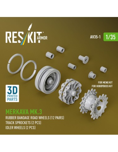Merkava Mk.3 rubber bandage road wheels (12 pairs), track sprockets (2 pcs), idler wheels (2 pcs) for Meng/HobbyBoss kit (3D Pri