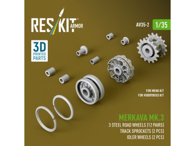 Merkava Mk.3 steel road wheels (12 pairs), track sprockets (2 pcs), idler wheels (2 pcs) for Meng/HobbyBoss kit (3D Printed) 