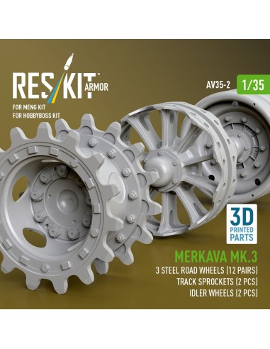 Merkava Mk.3 steel road wheels (12 pairs), track sprockets (2 pcs), idler wheels (2 pcs) for Meng/HobbyBoss kit (3D Printed) 