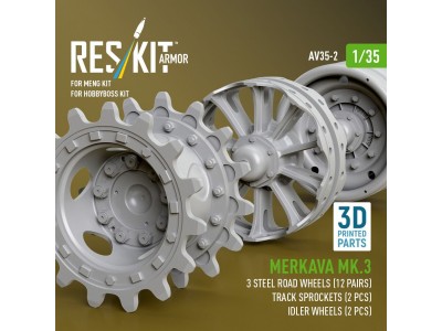 Merkava Mk.3 steel road wheels (12 pairs), track sprockets (2 pcs), idler wheels (2 pcs) for Meng/HobbyBoss kit (3D Printed) 