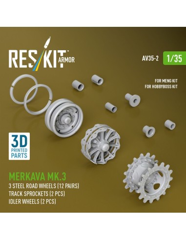 Merkava Mk.3 steel road wheels (12 pairs), track sprockets (2 pcs), idler wheels (2 pcs) for Meng/HobbyBoss kit (3D Printed) 