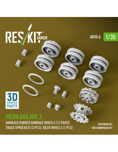 Merkava Mk.3 damaged rubber bandage wheels (12 pairs), track sprockets (2 pcs), idler wheels (2 pcs) for Meng/HobbyBoss kit (3D 