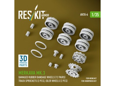Merkava Mk.3 damaged rubber bandage wheels (12 pairs), track sprockets (2 pcs), idler wheels (2 pcs) for Meng/HobbyBoss kit (3D 