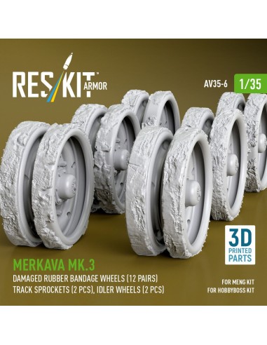 Merkava Mk.3 damaged rubber bandage wheels (12 pairs), track sprockets (2 pcs), idler wheels (2 pcs) for Meng/HobbyBoss kit (3D 