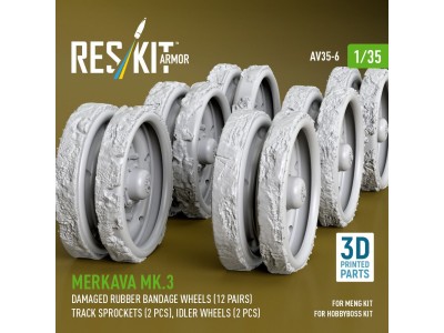 Merkava Mk.3 damaged rubber bandage wheels (12 pairs), track sprockets (2 pcs), idler wheels (2 pcs) for Meng/HobbyBoss kit (3D 