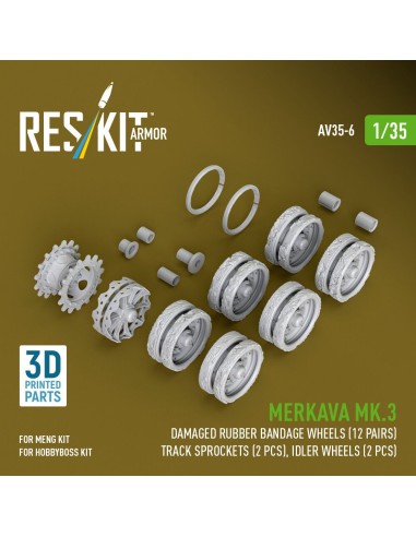 Merkava Mk.3 damaged rubber bandage wheels (12 pairs), track sprockets (2 pcs), idler wheels (2 pcs) for Meng/HobbyBoss kit (3D 