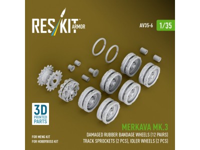 Merkava Mk.3 damaged rubber bandage wheels (12 pairs), track sprockets (2 pcs), idler wheels (2 pcs) for Meng/HobbyBoss kit (3D 