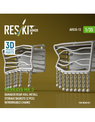 Merkava Mk.3 damaged rear hull metall storage baskets (2 pcs) w/workable chains for Meng kit (3D Printed) 