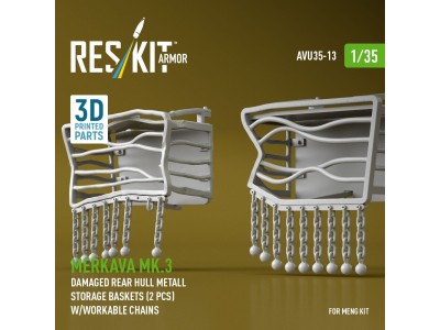 Merkava Mk.3 damaged rear hull metall storage baskets (2 pcs) w/workable chains for Meng kit (3D Printed) 