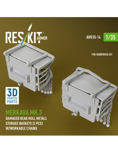 Merkava Mk.3 damaged rear hull metall storage baskets (2 pcs) w/workable chains for HobbyBoss kit (3D Printed) 