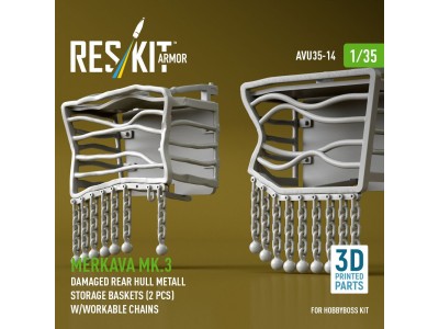 Merkava Mk.3 damaged rear hull metall storage baskets (2 pcs) w/workable chains for HobbyBoss kit (3D Printed) 