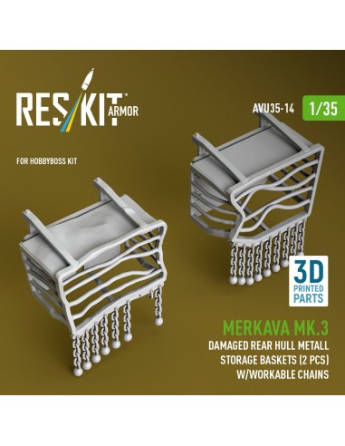 Merkava Mk.3 damaged rear hull metall storage baskets (2 pcs) w/workable chains for HobbyBoss kit (3D Printed) 