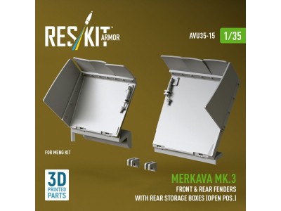 Merkava Mk.3 front & rear fenders with rear storage boxes (open pos.) for Meng kit (3D Printed) 