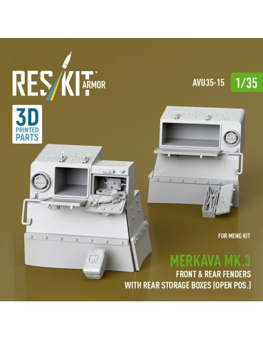 Merkava Mk.3 front & rear fenders with rear storage boxes (open pos.) for Meng kit (3D Printed) 