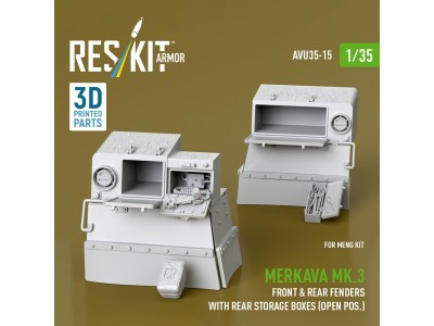 Merkava Mk.3 front & rear fenders with rear storage boxes (open pos.) for Meng kit (3D Printed) 