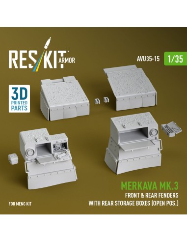 Merkava Mk.3 front & rear fenders with rear storage boxes (open pos.) for Meng kit (3D Printed) 