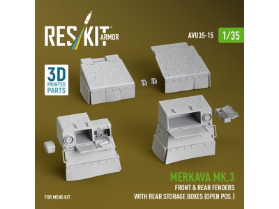 Merkava Mk.3 front & rear fenders with rear storage boxes (open pos.) for Meng kit (3D Printed) 