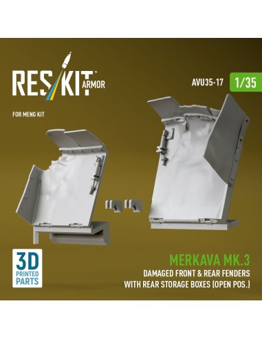 Merkava Mk.3 damaged front & rear fenders with rear storage boxes (open pos.) for Meng kit (3D Printed) 