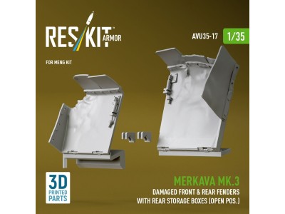Merkava Mk.3 damaged front & rear fenders with rear storage boxes (open pos.) for Meng kit (3D Printed) 