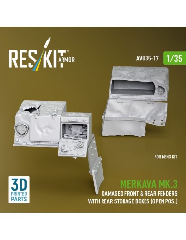 Merkava Mk.3 damaged front & rear fenders with rear storage boxes (open pos.) for Meng kit (3D Printed) 