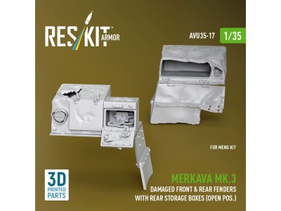 Merkava Mk.3 damaged front & rear fenders with rear storage boxes (open pos.) for Meng kit (3D Printed) 